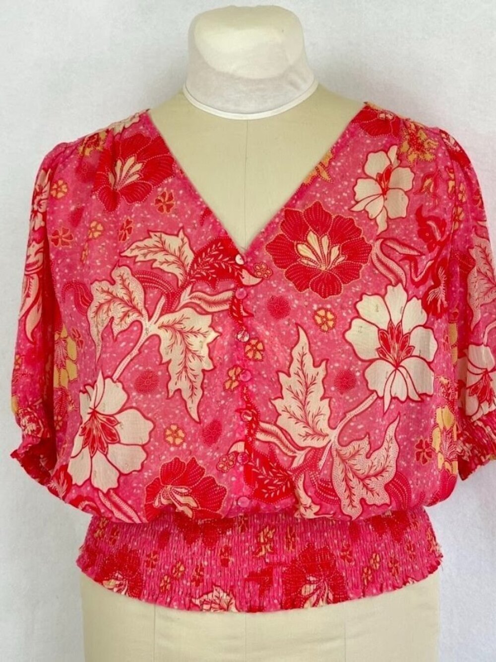 Joie Popover Blouse Smocked Waist Coquette Feminine V-Neck Sparkle Whimsy Boho L